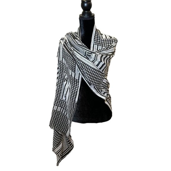 Unbranded Scarf Womens Long Rectangle Black White Colorless Hounds tooth Woven - Picture 2 of 9